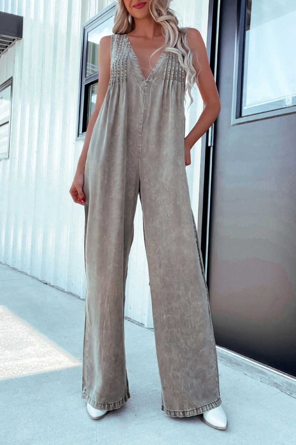 V-Neck Wide Leg Denim Jumpsuit