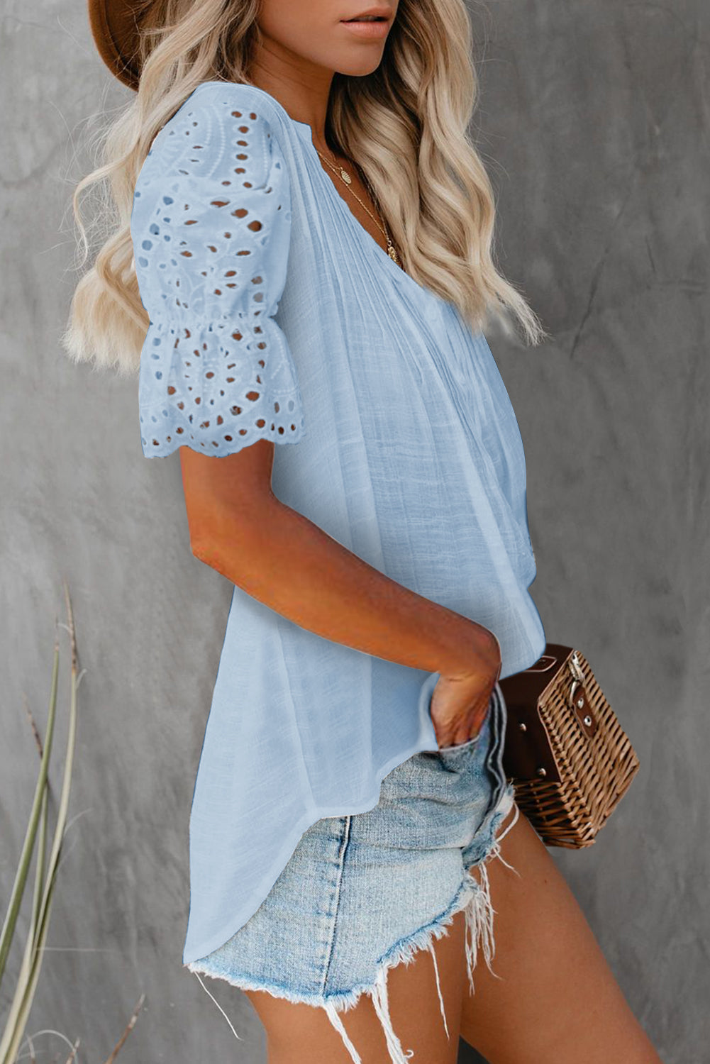 Eyelet Short Sleeve Pleated Blouse