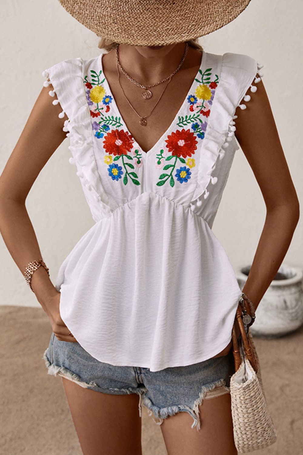 Embroidered Pom-Pom Trim Cap Sleeve Babydoll Top