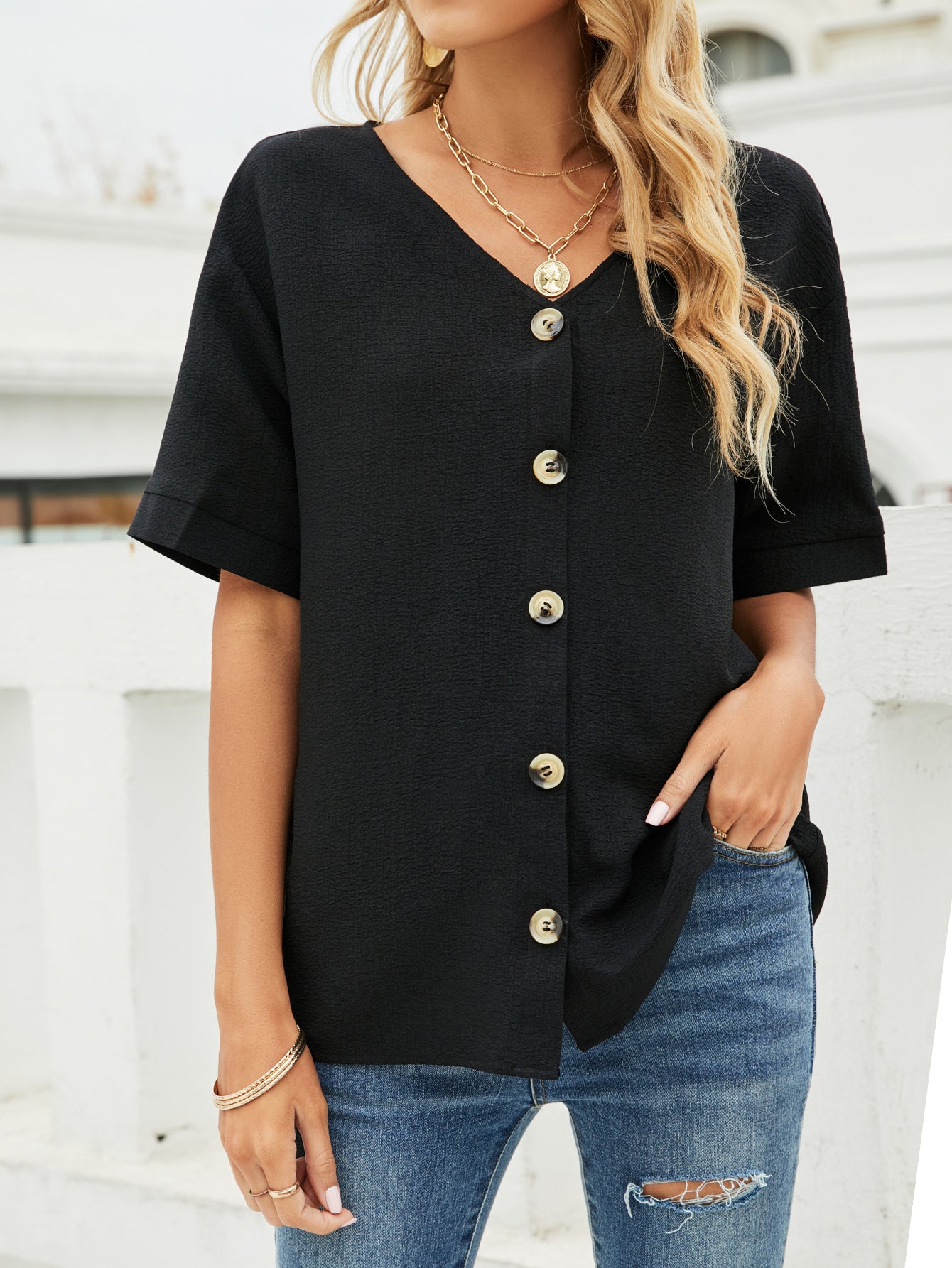 V-Neck Dropped Shoulder Shirt