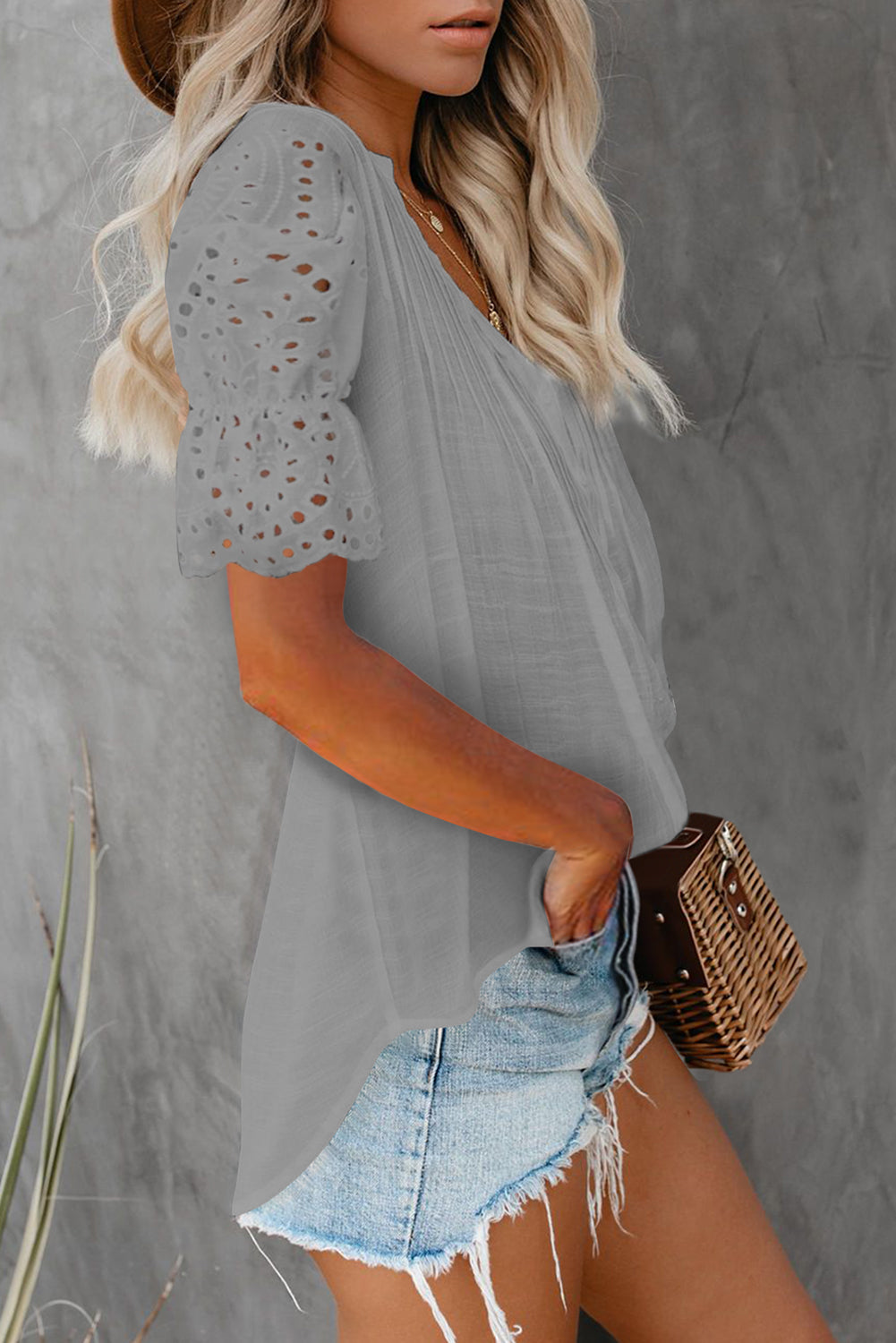 Eyelet Short Sleeve Pleated Blouse