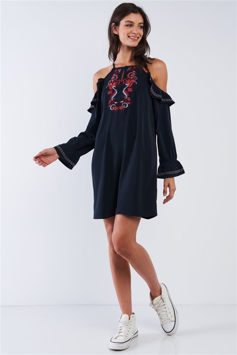 Black Boho Embroidery Off-the-shoulder Mini Dress