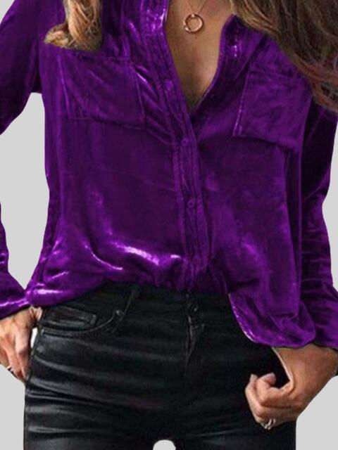 Velvet Button Up Collared Shirt with Breast Pockets