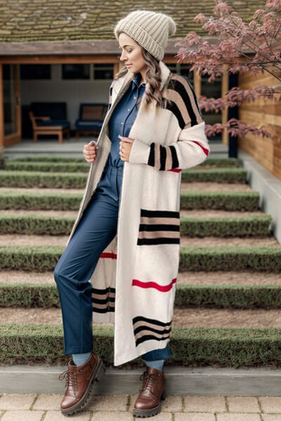 Striped Open Front Long Sleeve Cardigan Sweater