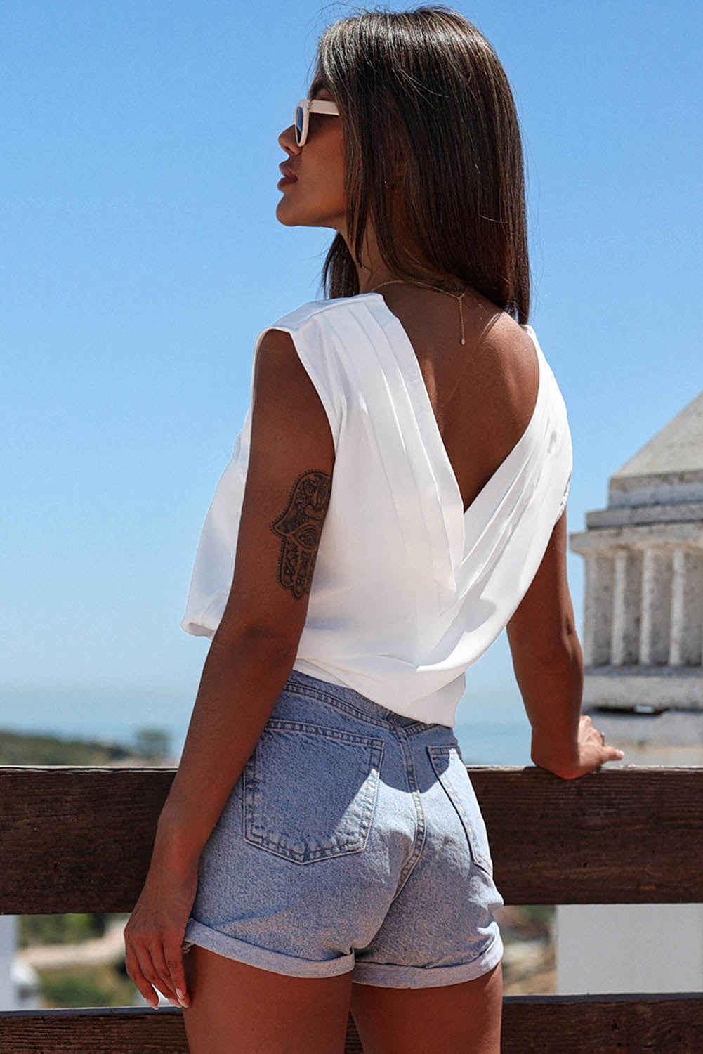 White V-Neck Pleated Detail Tank