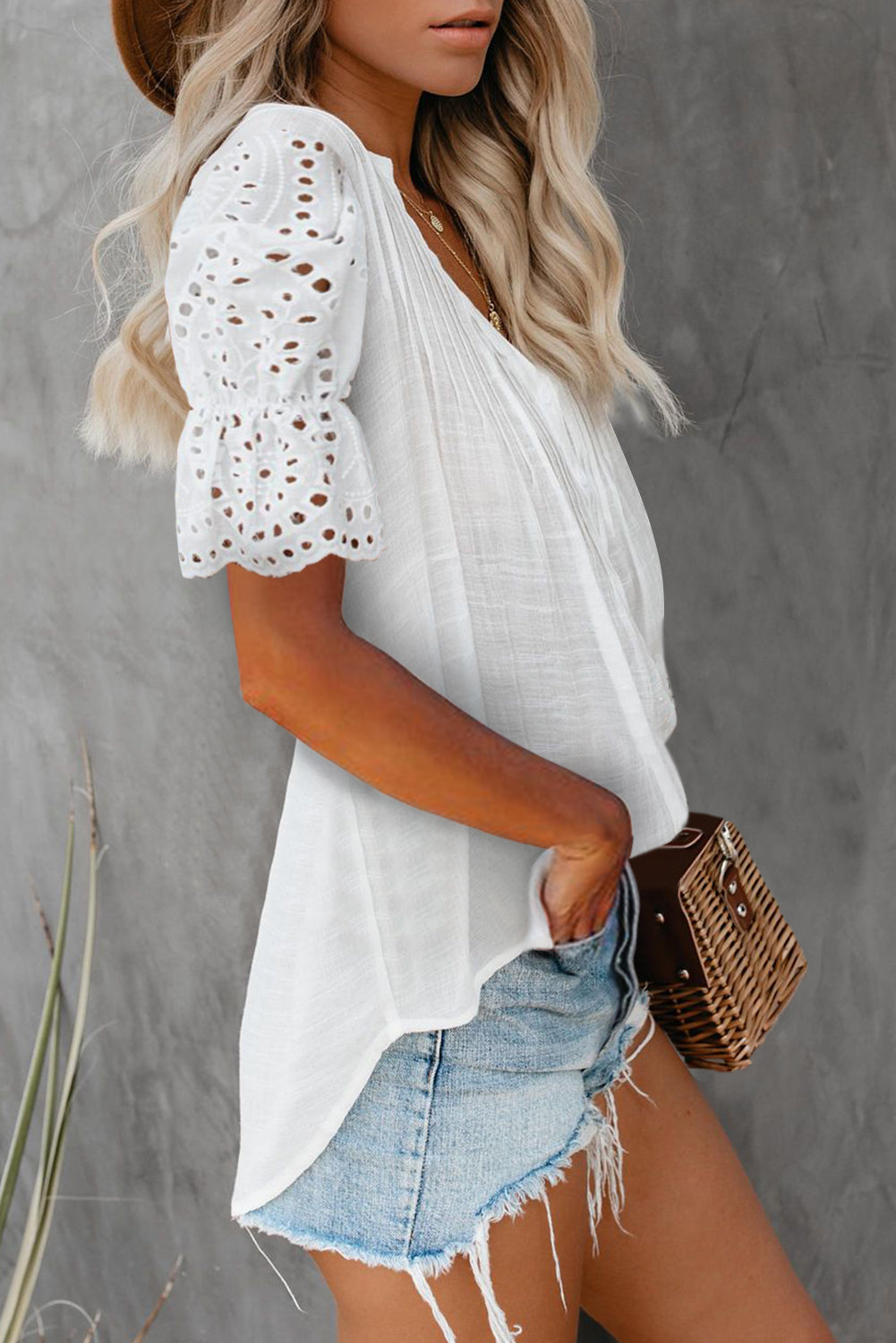 Eyelet Short Sleeve Pleated Blouse