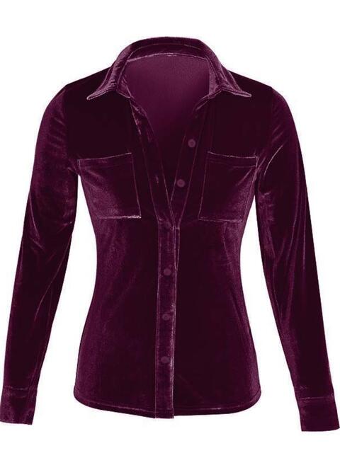 Velvet Button Up Collared Shirt with Breast Pockets